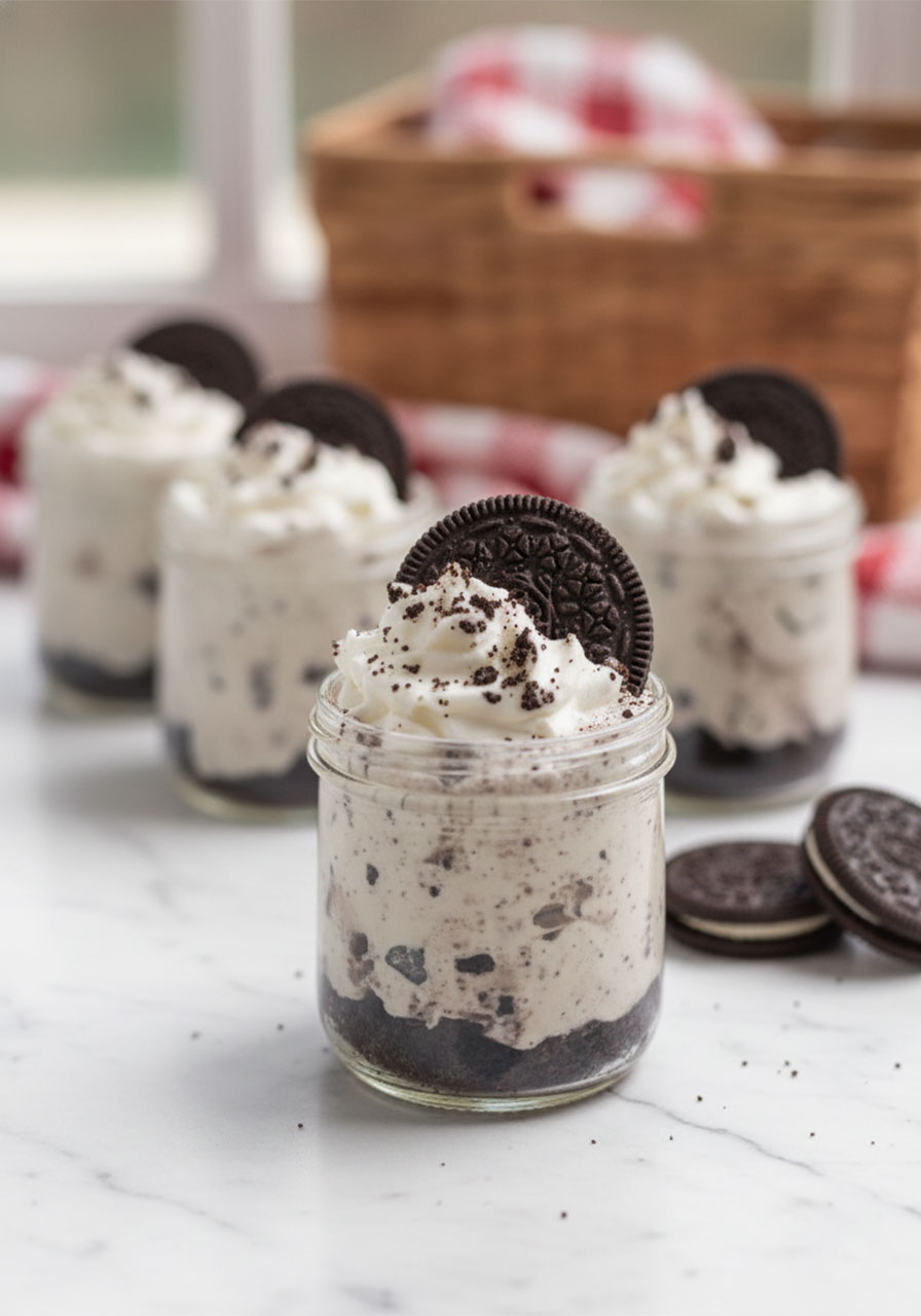 No-bake Oreo cheesecake cups topped with whipped cream and a whole Oreo cookie in a clear glass jar