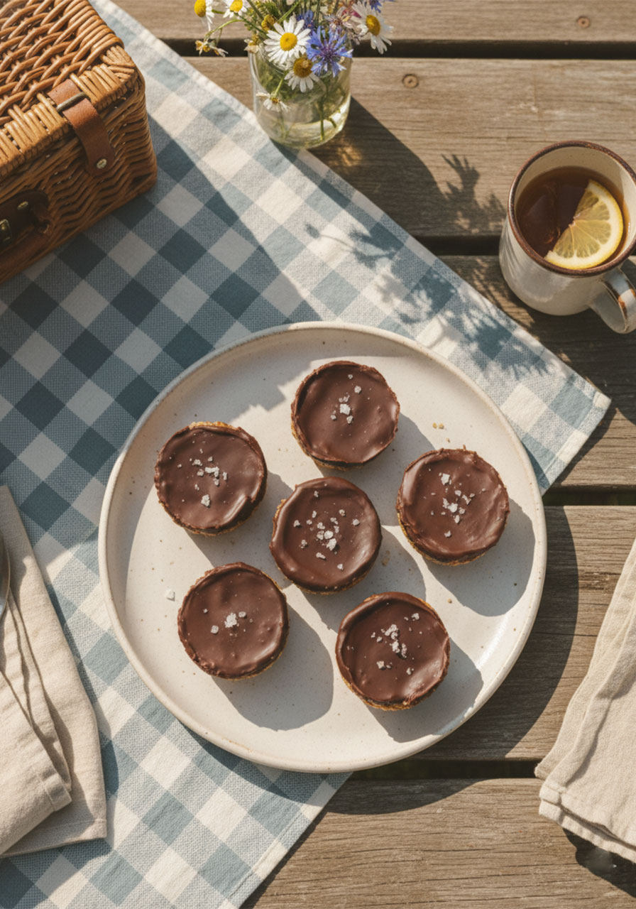 Six no-bake peanut butter oat cups topped with dark chocolate and flaky sea salt on a white ceramic plate