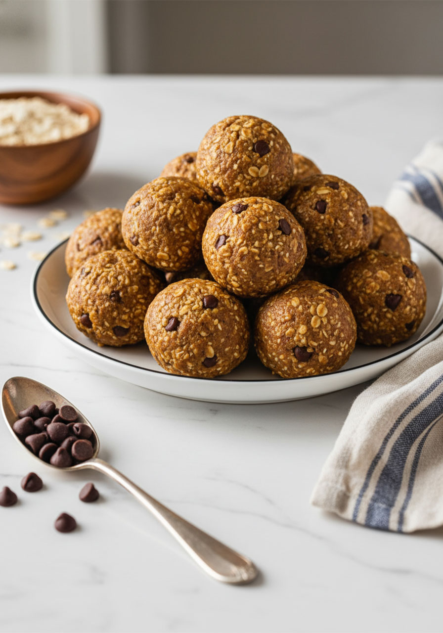 Golden-brown no-bake protein balls stacked on a white plate showing oat texture and chocolate chips