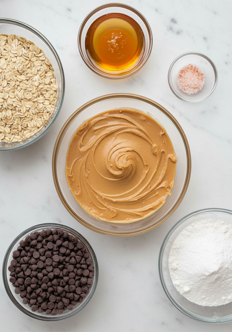 Overhead flat lay of the 6 ingredients for no-bake protein balls: peanut butter, honey, oats, protein powder, chocolate chips, and salt