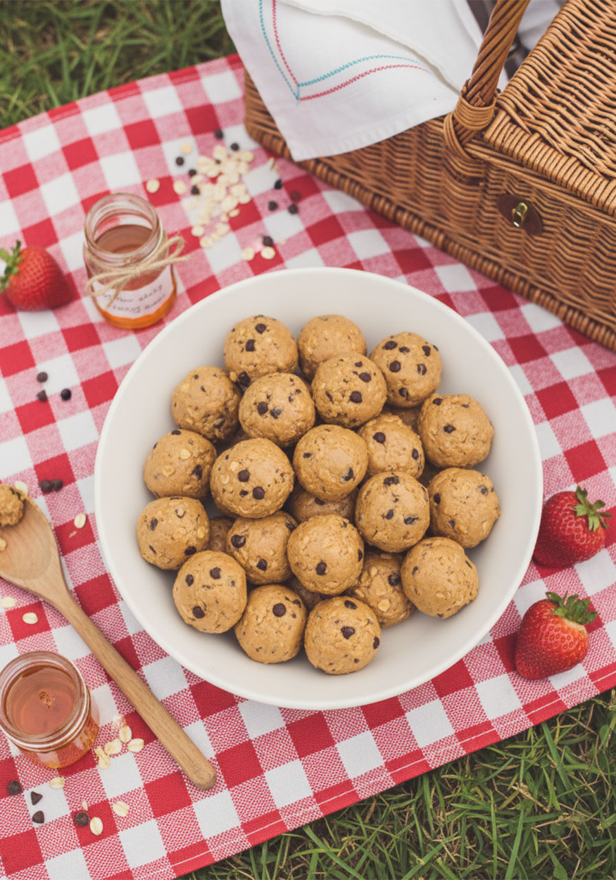 No bake protein balls piled in a white bowl showing chocolate chips and oat texture
