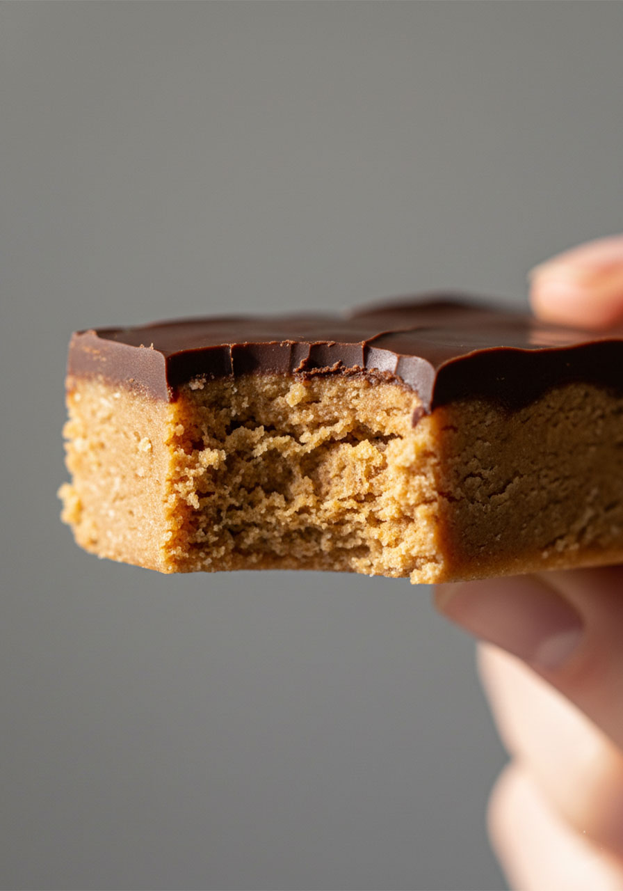 Close-up cross-section of a homemade no bake protein bar showing dense peanut butter interior and dark chocolate layer
