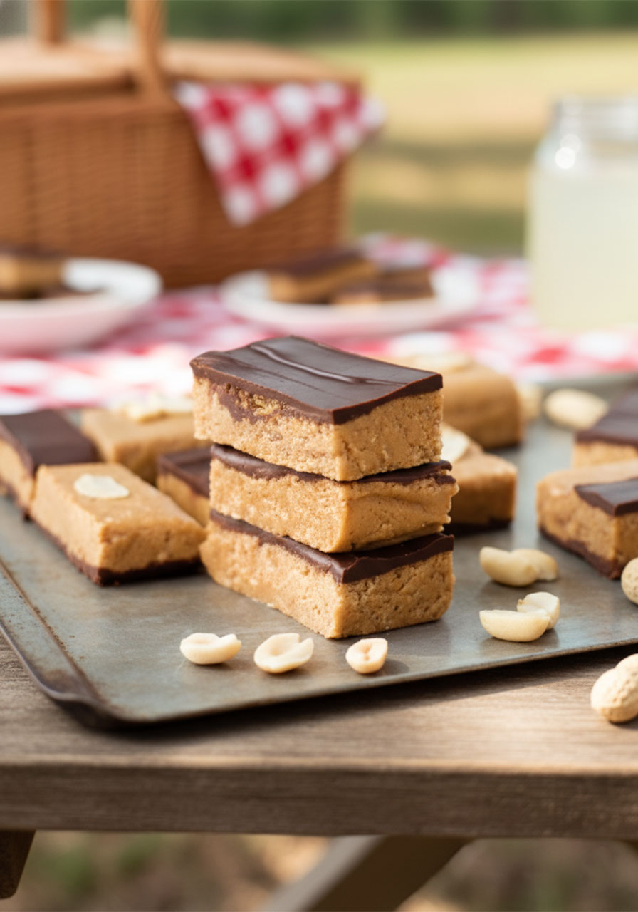 Stack of three homemade no bake peanut butter protein bars with dark chocolate topping on a metal tray