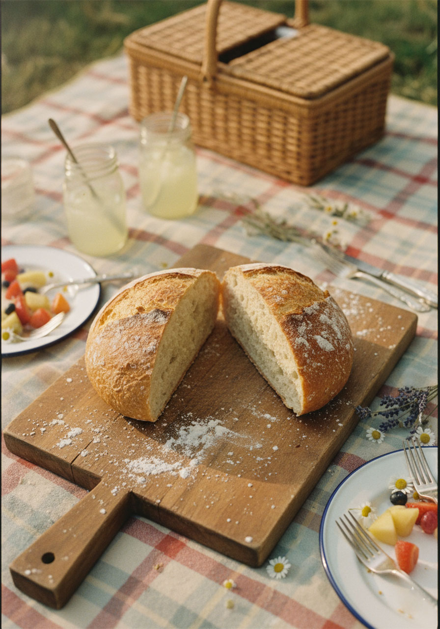 Sliced no knead gluten free bread loaf with golden crust and soft crumb on wooden cutting board