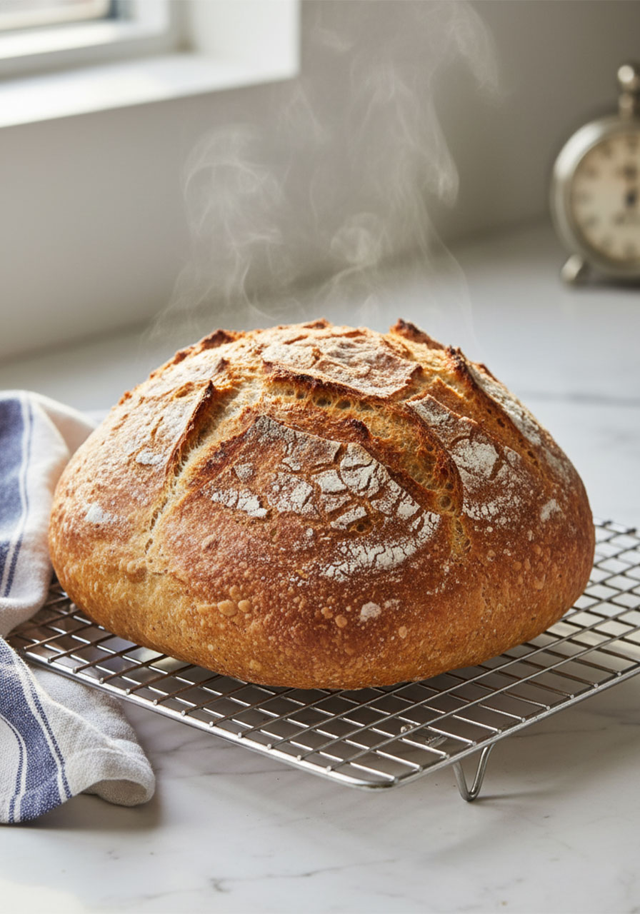 Freshly baked no knead gluten free artisan bread cooling on wire rack with golden crackly crust