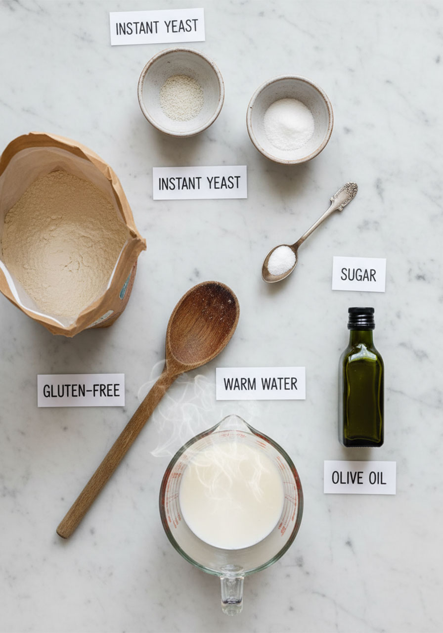 All ingredients for no knead gluten free bread arranged on marble countertop including gluten free flour yeast salt olive oil and warm water