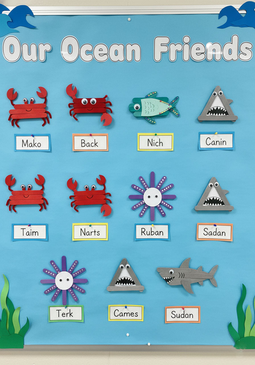 Elementary school classroom bulletin board displaying completed ocean friends craft stick animals made by students, showing crabs, fish, octopuses, and sharks