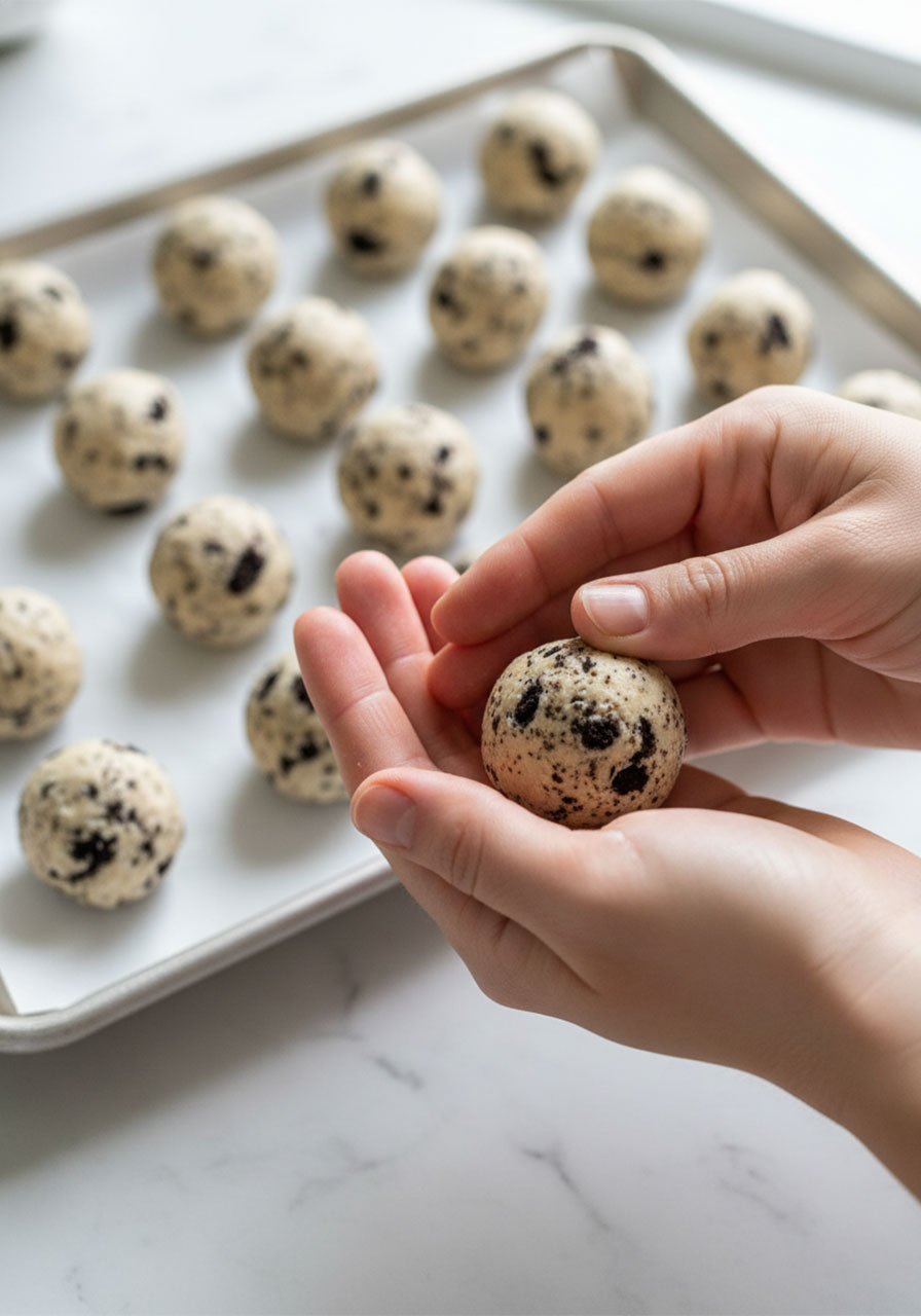 Rolling Oreo protein ball dough into round balls between both palms with finished balls on parchment-lined tray in background — step 4