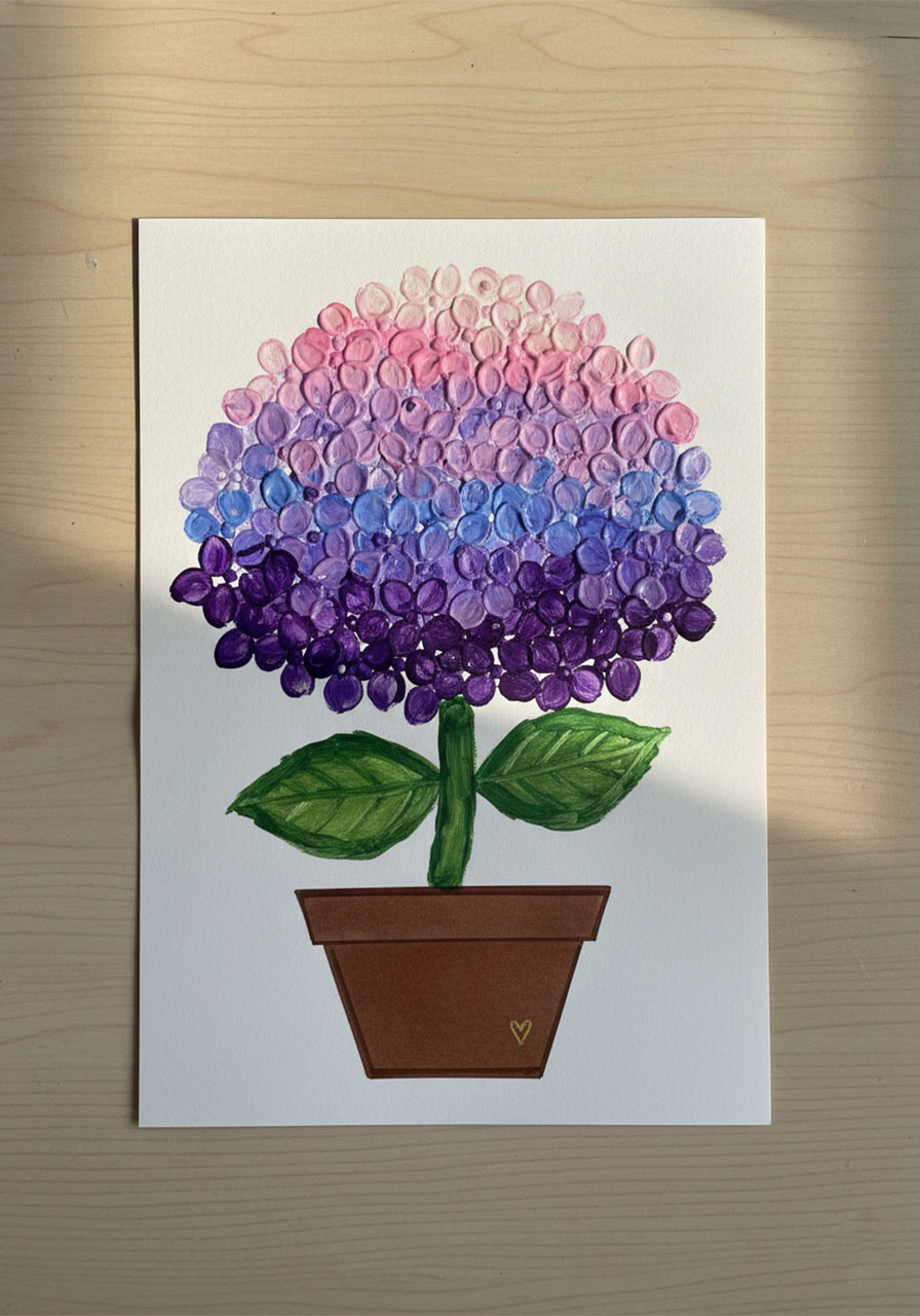 Ombre variation of DIY Mother's Day hydrangea art showing deep purple base graduating to soft pink and blue cotton swab stamped petals