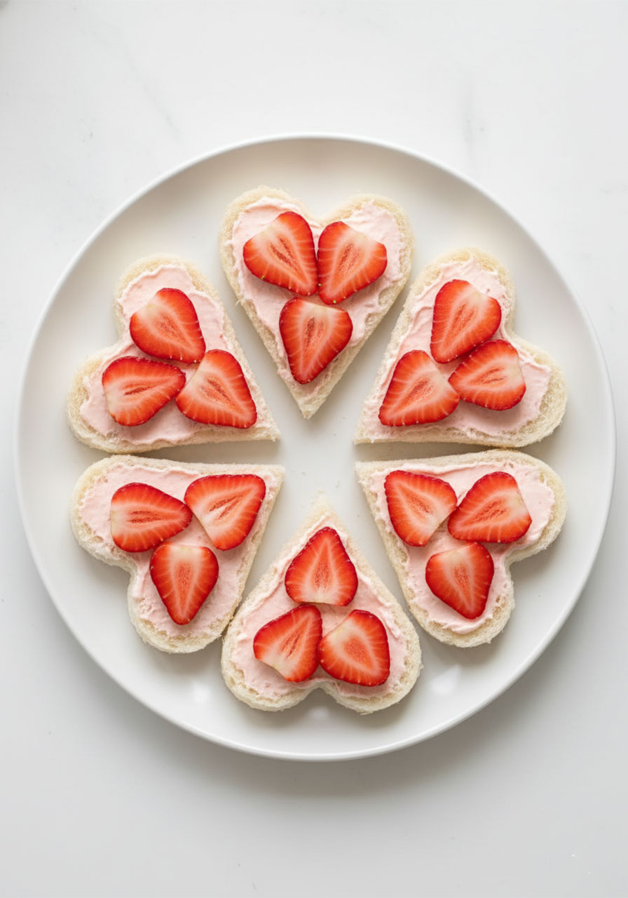 Six open-faced heart-shaped strawberry tea sandwiches topped with fresh sliced strawberries on a white plate