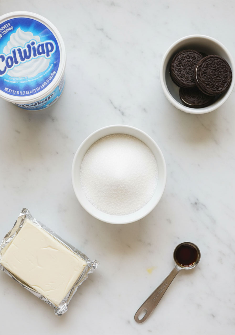The 5 ingredients for no-bake Oreo cheesecake cups: cream cheese, Cool Whip, powdered sugar, vanilla, and Oreos laid flat on marble