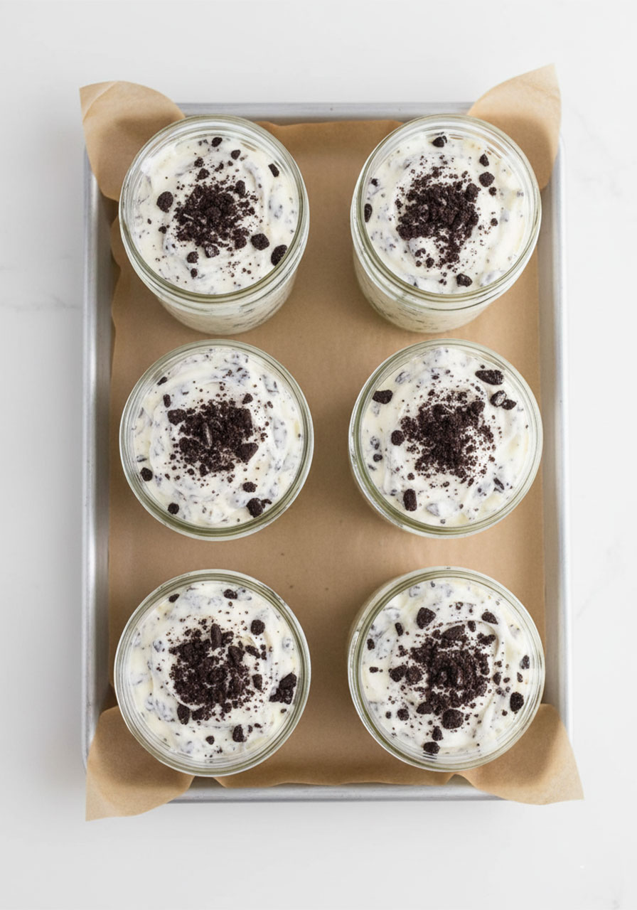 Six Oreo no-bake cheesecake cups filled and arranged on a baking tray ready to refrigerate before serving