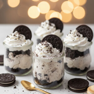Five decorated no-bake Oreo cheesecake cups with whipped cream and whole Oreos arranged on a party dessert table