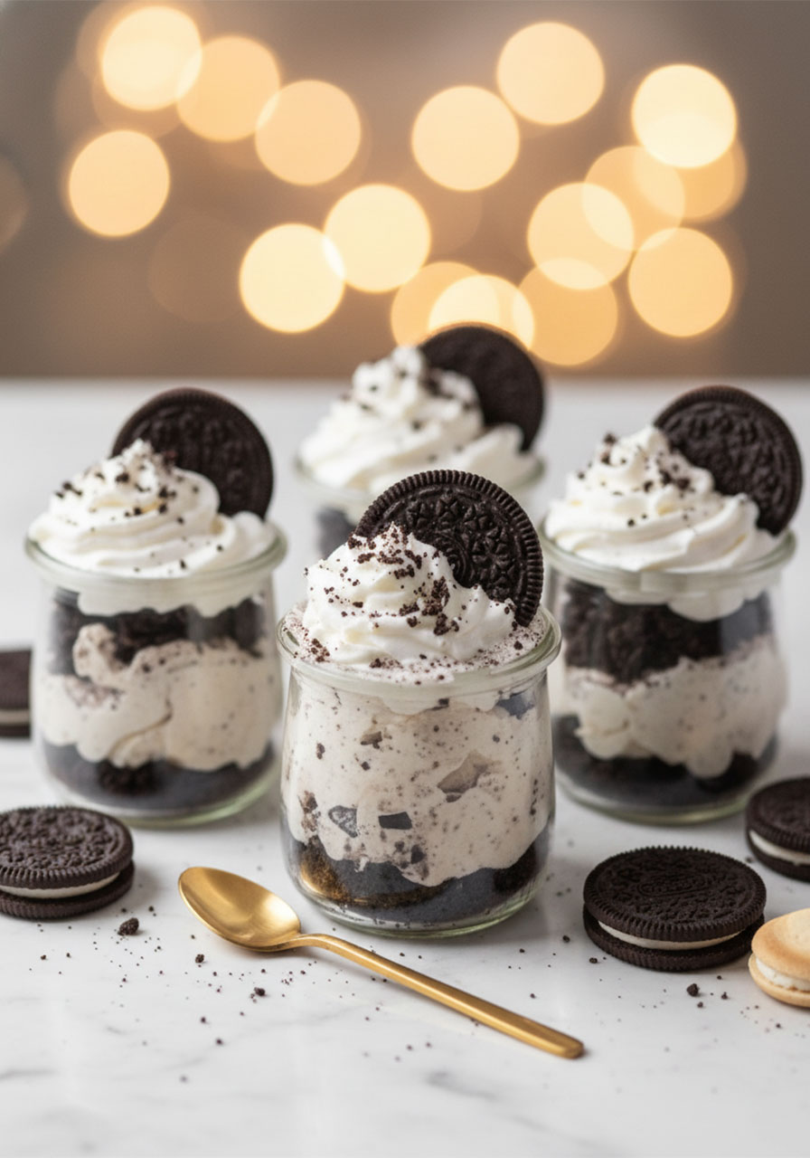 Five decorated no-bake Oreo cheesecake cups with whipped cream and whole Oreos arranged on a party dessert table