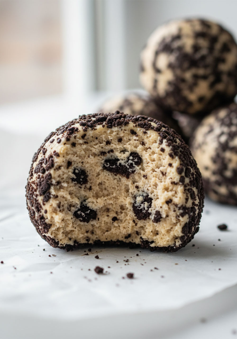 Close-up of a bitten cream cheese Oreo protein ball showing the soft fudgy cookies-and-cream interior texture with visible Oreo crumbs throughout