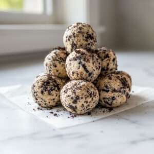 Cream cheese Oreo protein balls stacked on parchment paper — no-bake cookies and cream snack with 10g protein per ball