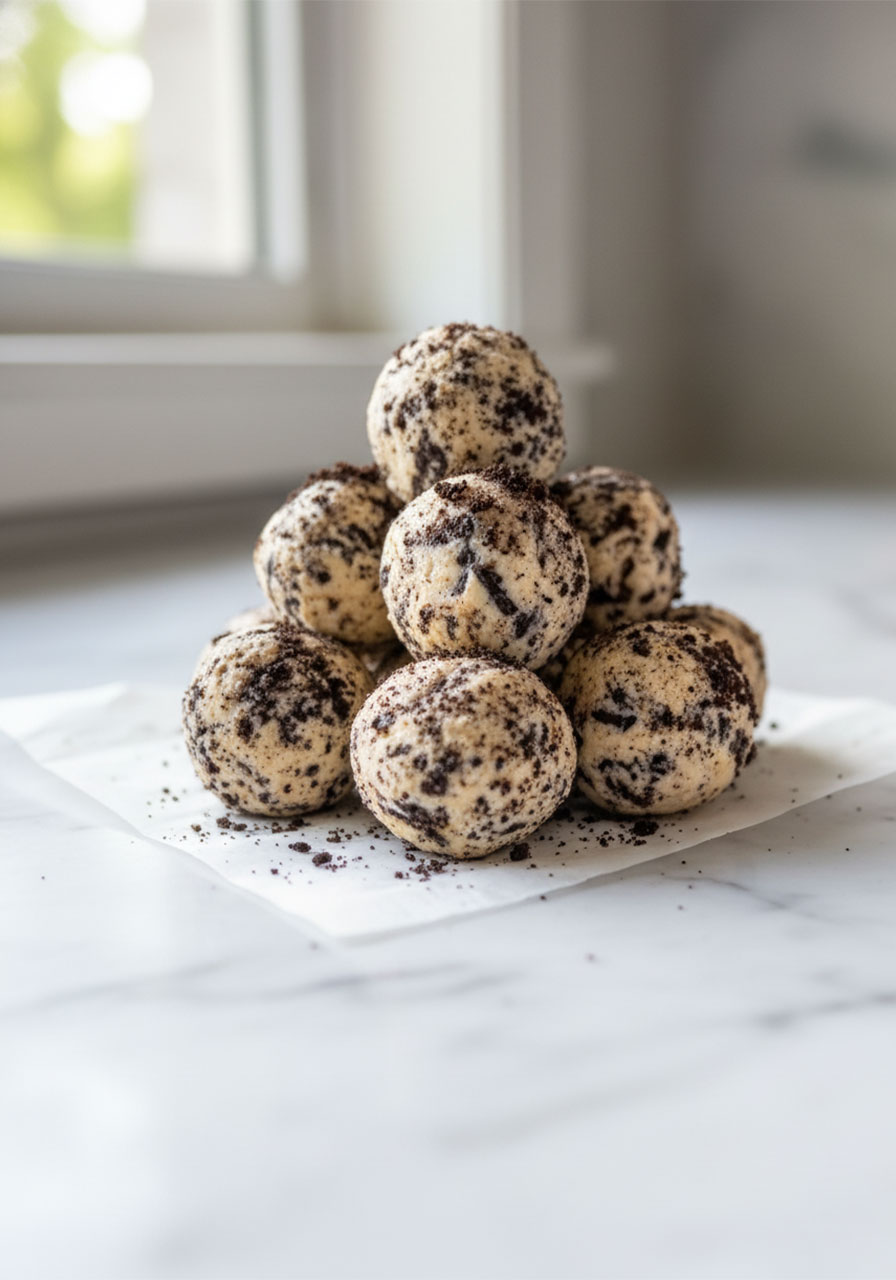 Cream cheese Oreo protein balls stacked on parchment paper — no-bake cookies and cream snack with 10g protein per ball