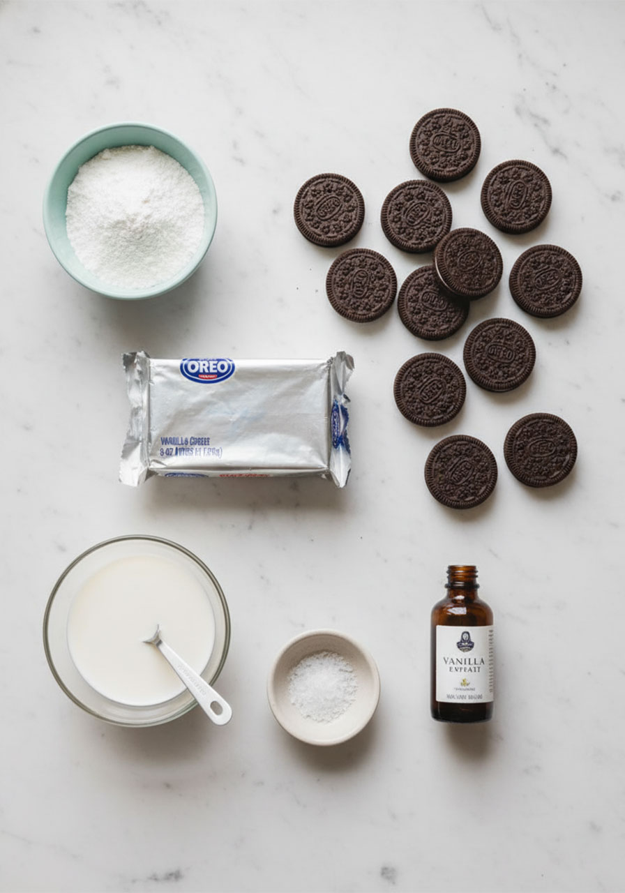 All ingredients for cream cheese Oreo protein balls: cream cheese block, vanilla protein powder, Oreo cookies, milk, and vanilla extract laid out on white marble