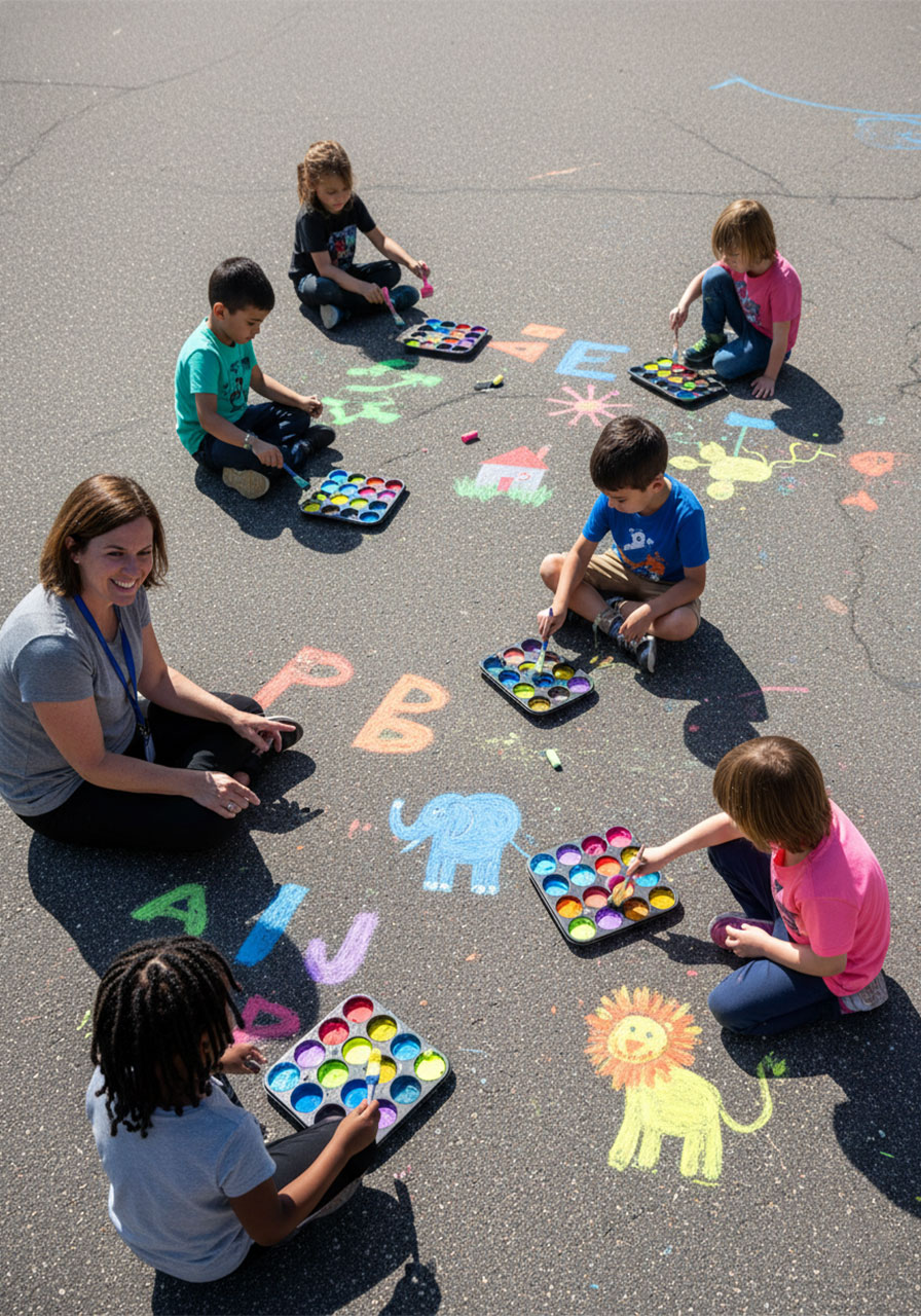 Teacher and students doing outdoor sidewalk chalk paint art activity on school blacktop as a group