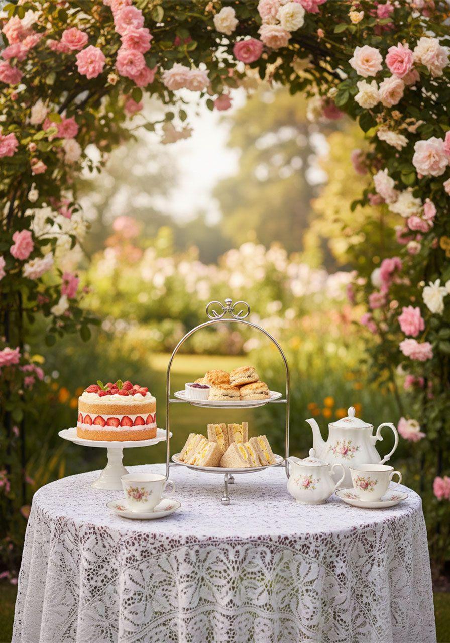 Beautiful outdoor garden tea party table with tiered cake stand, floral china teapot, scones and sandwiches — perfect high tea setup ideas
