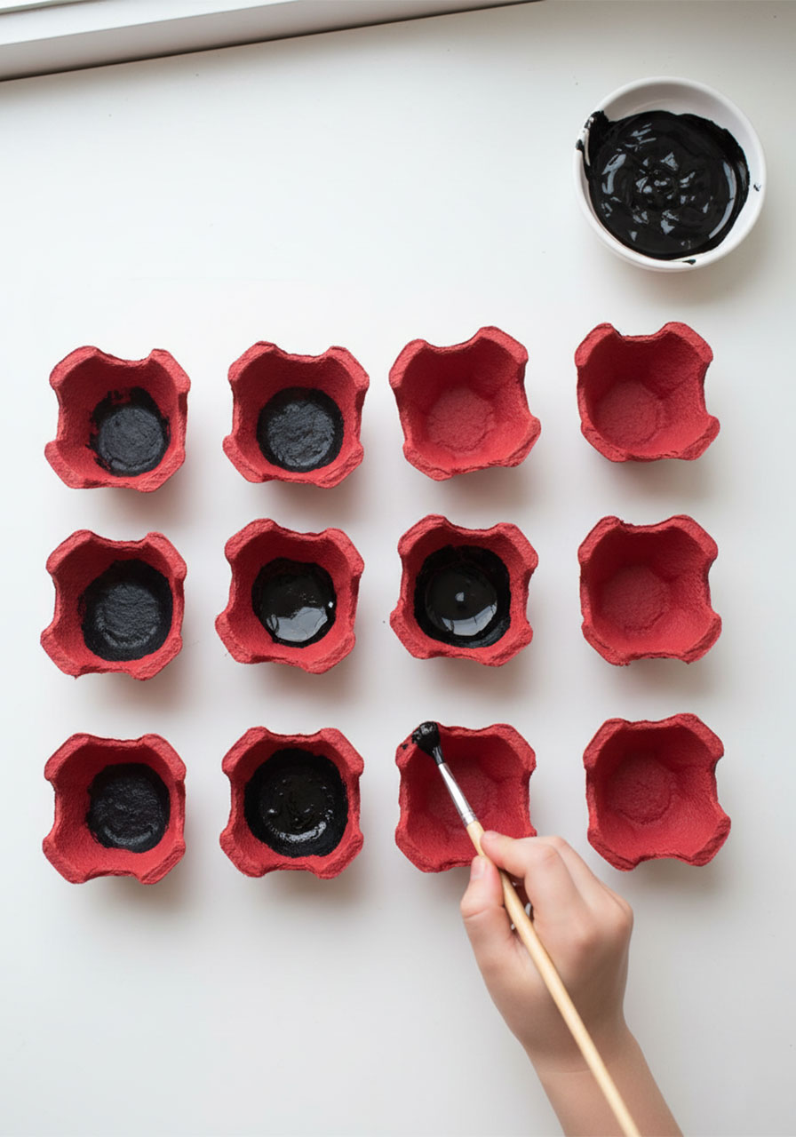 Child adding black painted centers to red egg carton cups to create realistic Memorial Day poppy flowers
