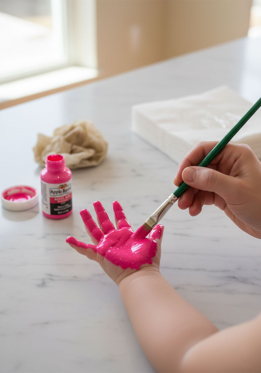 Adult painting a toddler's hand with bright pink acrylic paint using a brush to make a handprint shrink plastic keychain