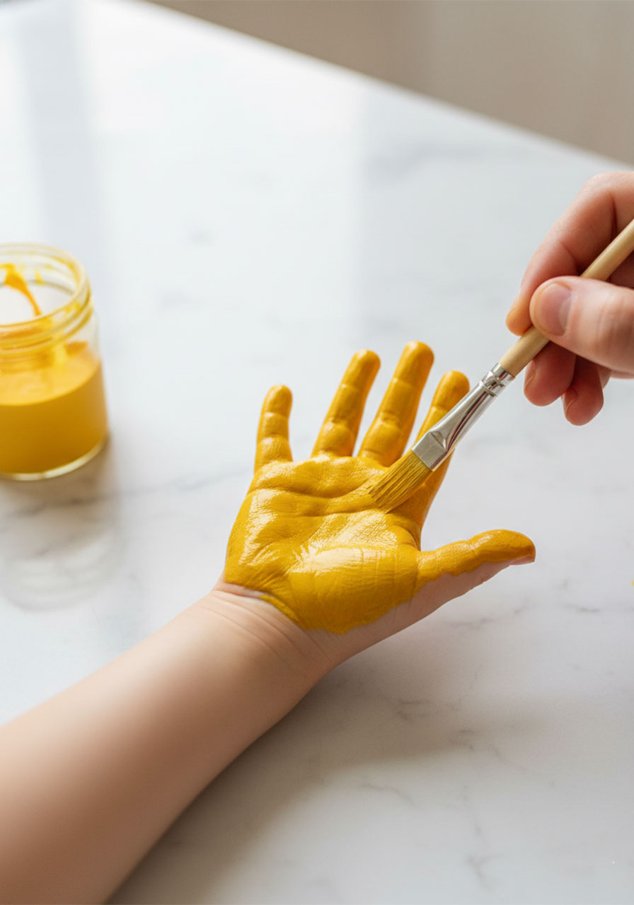Adult using a paintbrush to apply bright yellow non-toxic tempera paint onto a young child's palm to make a handprint for the Father's Day trophy craft