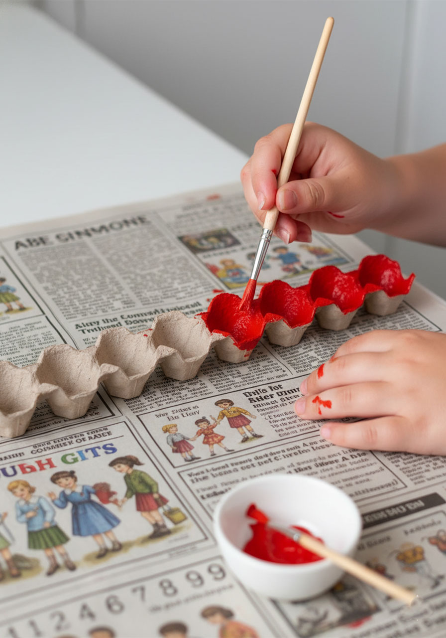 Child painting individual egg carton cups red to make poppy flowers for Memorial Day wreath craft