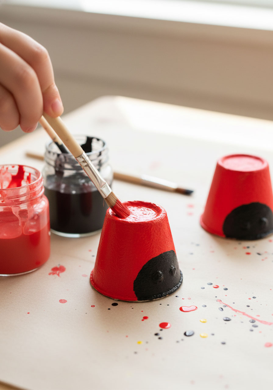 Step 2 of egg carton ladybug craft — child painting egg carton cup red with black front face section using tempera paint