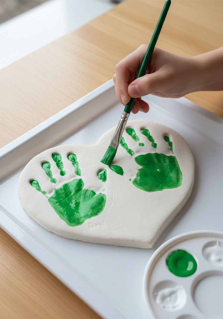 Child painting green acrylic paint onto handprint impressions of a white salt dough heart keepsake for a Father's Day gift