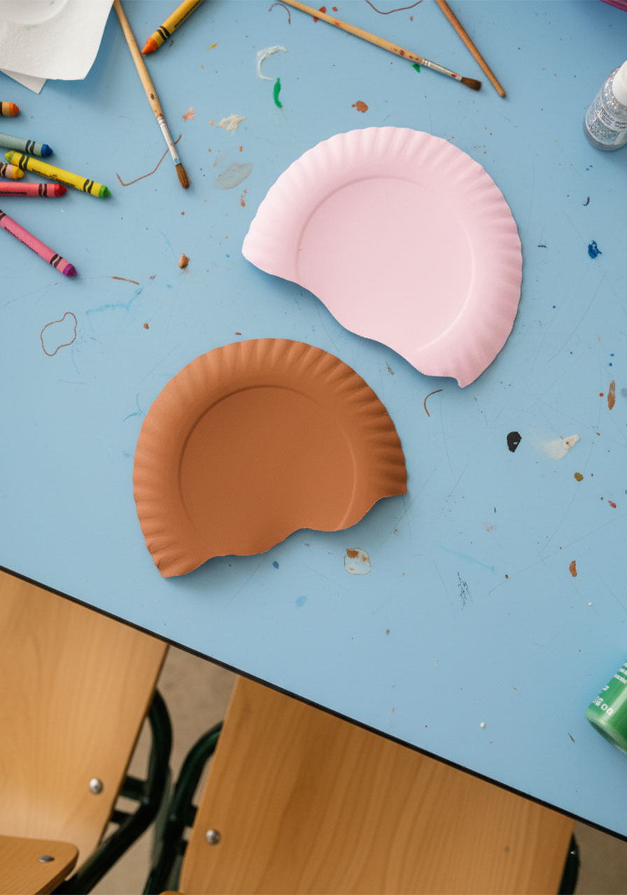 Painting paper plates brown and pink to make chocolate and strawberry ice cream scoops — paper plate ice cream craft step 3