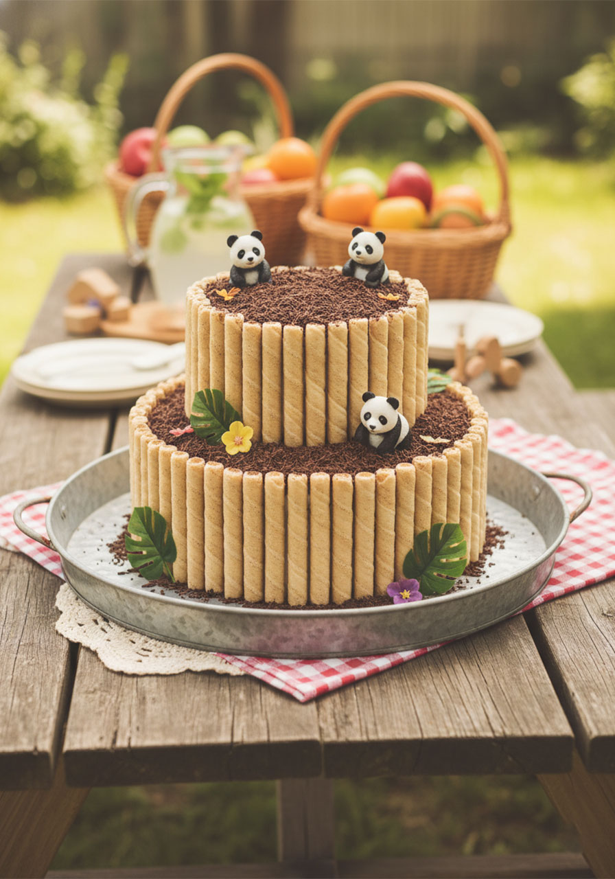 Two tier panda birthday cake covered in wafer roll bamboo sticks with panda figurines climbing through, stunning zoo party food centerpiece	