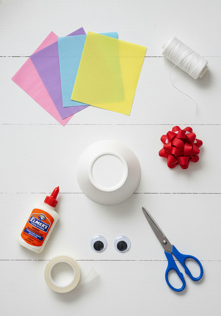 Supplies needed for paper bowl jellyfish craft including tissue paper, googly eyes, curly bow, and school glue