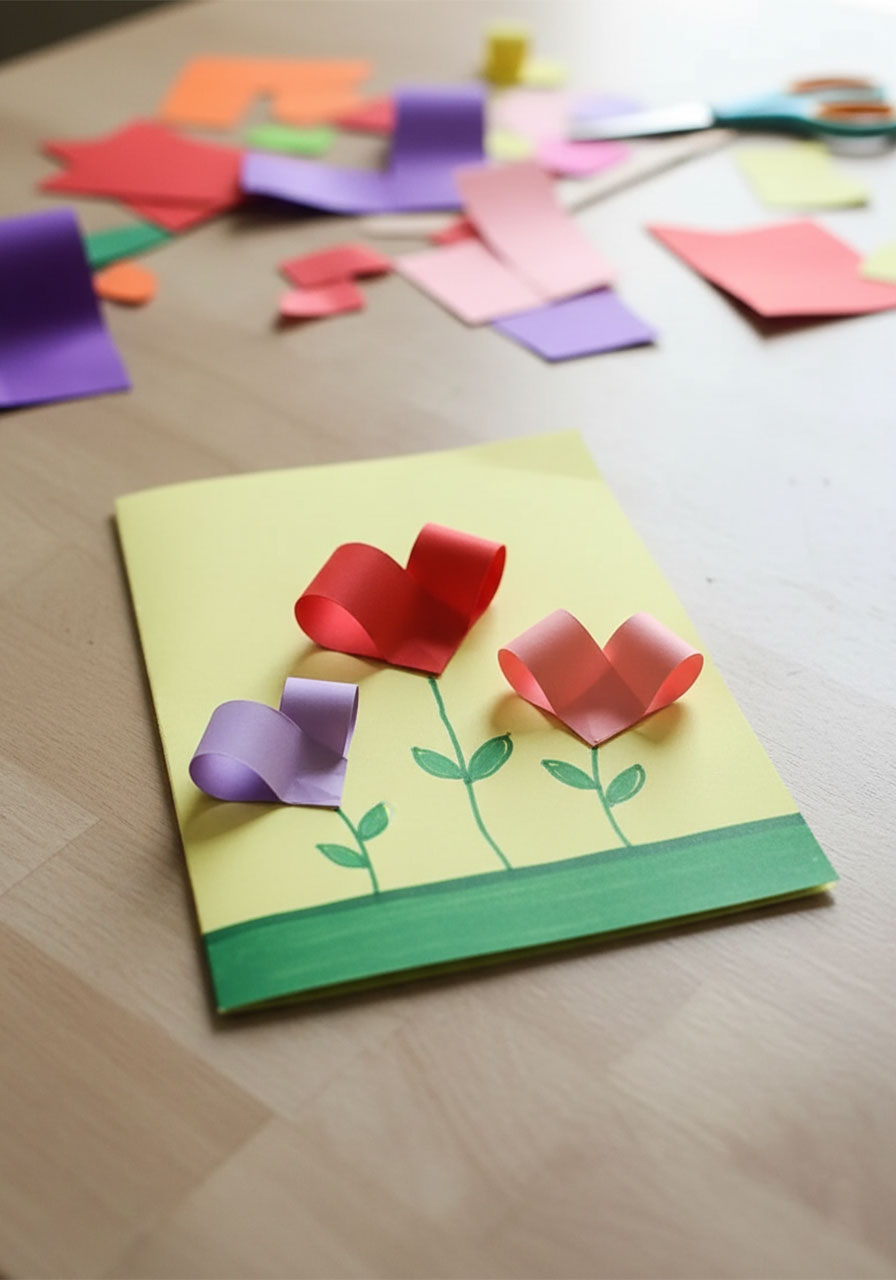 Handmade 3D Mother's Day card with red, purple, and pink paper heart flowers glued to yellow cardstock with drawn stems — easy kids' paper craft