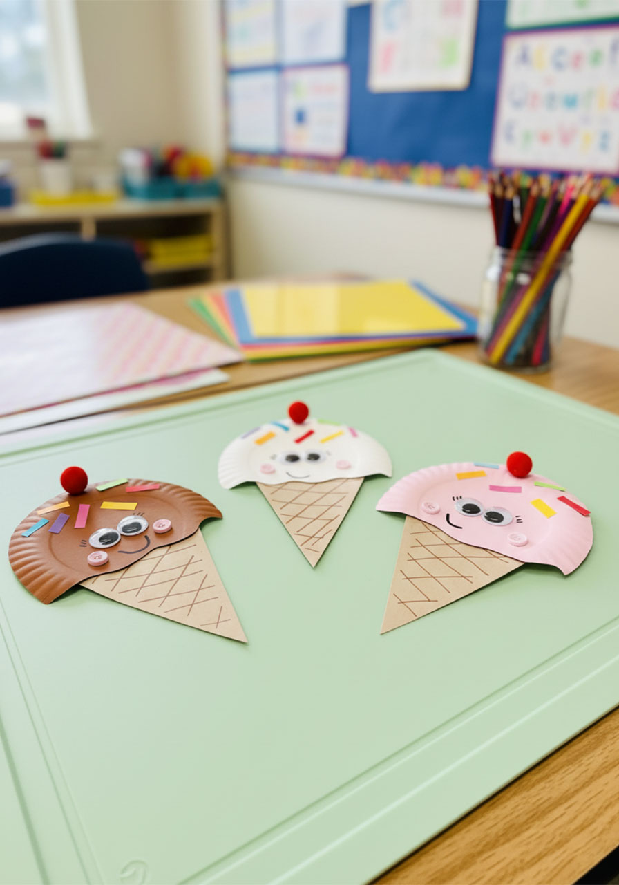 Three completed paper plate ice cream cone crafts with googly eyes and sprinkles — summer kids activity