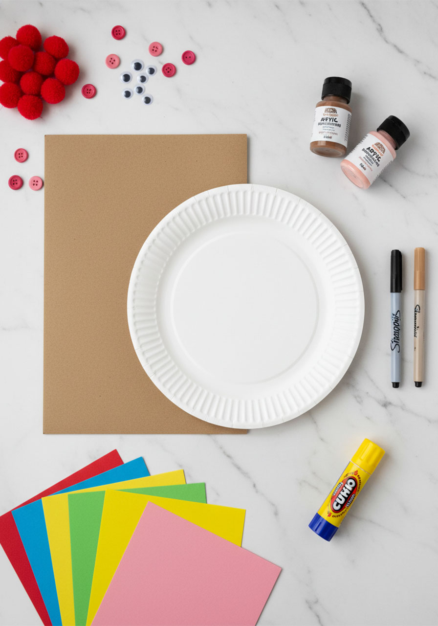 All supplies needed for paper plate ice cream cone craft including paper plates, paint, googly eyes, buttons, and cardstock sprinkles