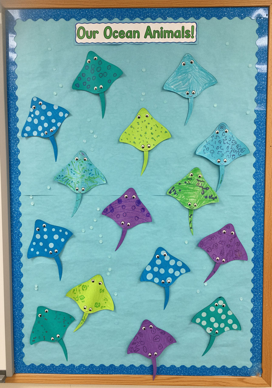 Colorful paper stingray crafts displayed on classroom bulletin board as ocean animals art project