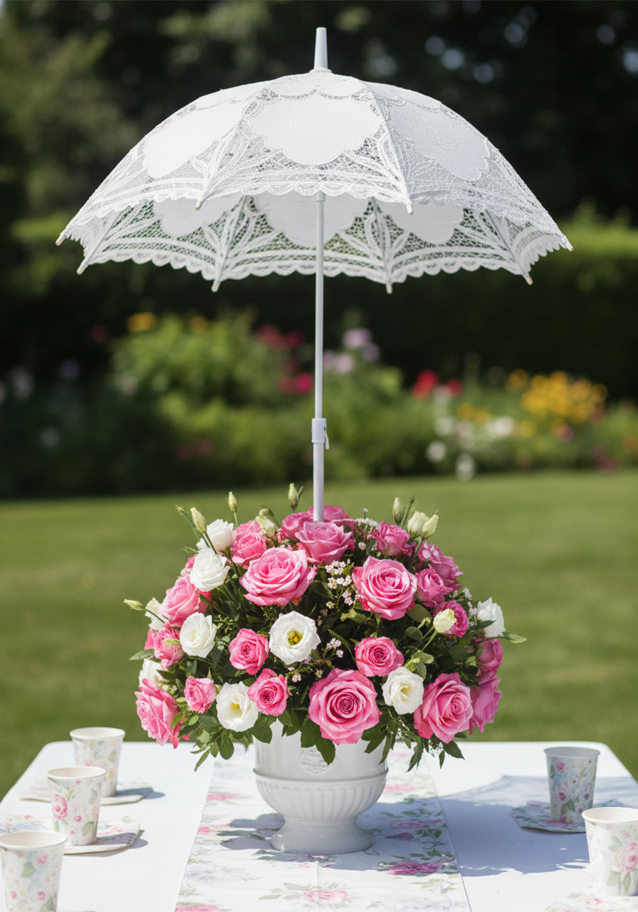 White lace parasol over a pink and white floral arrangement as an outdoor garden tea party centerpiece