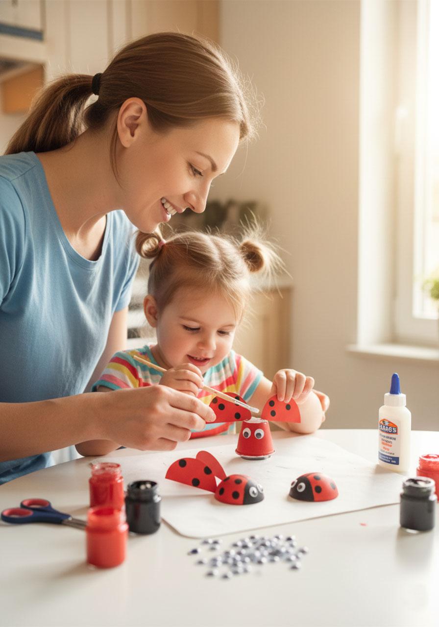 Mother and young daughter making egg carton ladybug crafts together at the kitchen table — a fun and easy kids spring craft activity