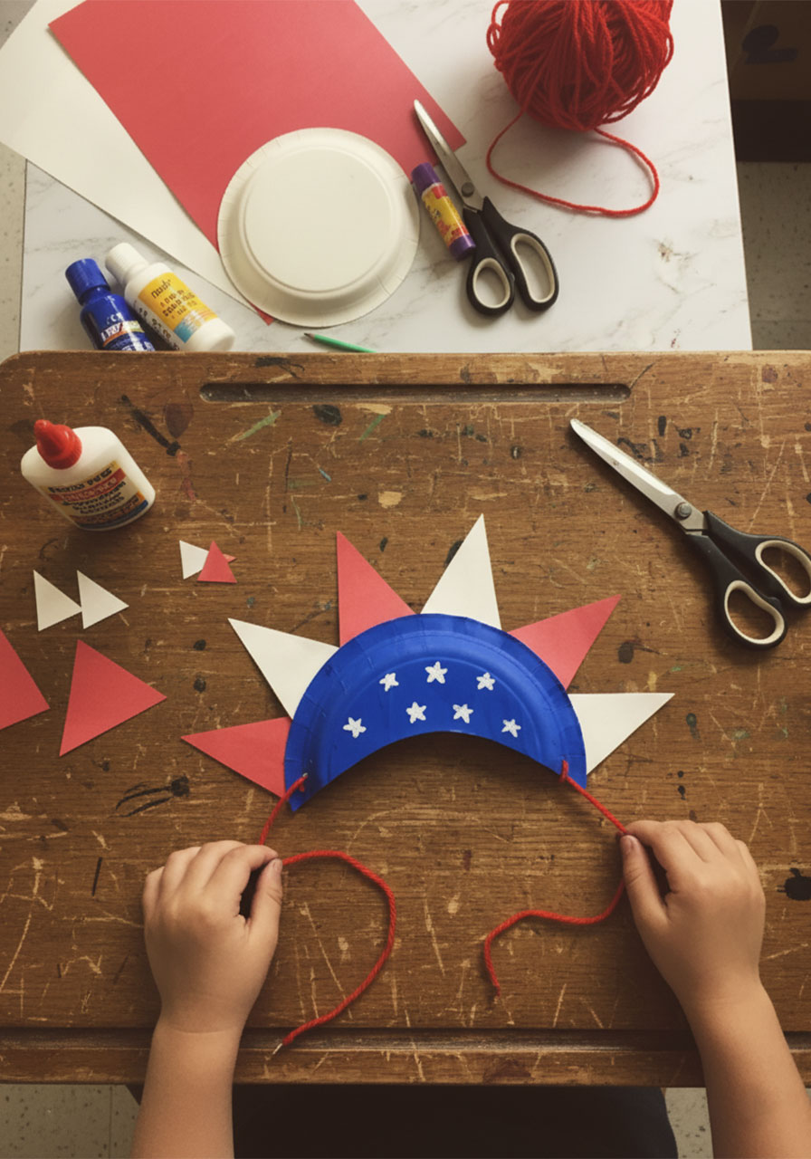 Smiling young girl wearing finished patriotic paper plate hat craft with blue base, white stars, and red and white triangle spikes for Fourth of July