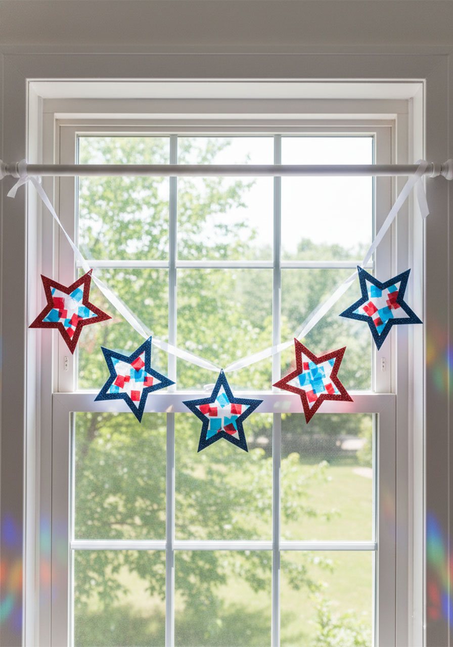 Patriotic star suncatcher garland with red white and blue glitter stars hung across sunny window as 4th of July decoration
