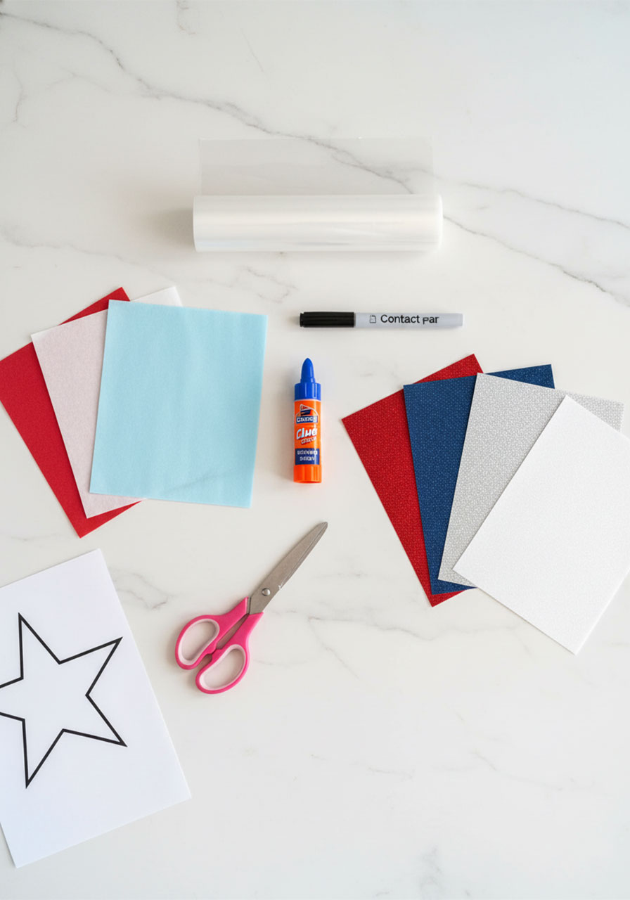 All supplies needed for patriotic star suncatcher craft including tissue paper contact paper glitter cardstock scissors glue and star template