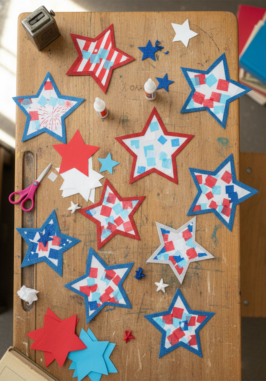 Variations of patriotic suncatcher crafts decorated in class