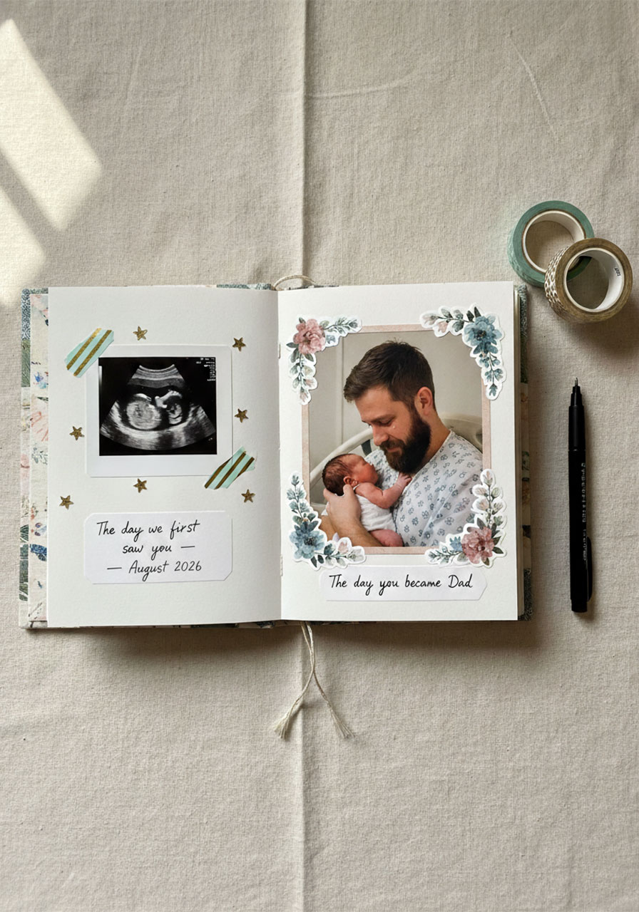 Open handmade baby photo scrapbook with ultrasound photo washi tape and heartfelt captions, DIY first Father's Day gift idea for new dad
