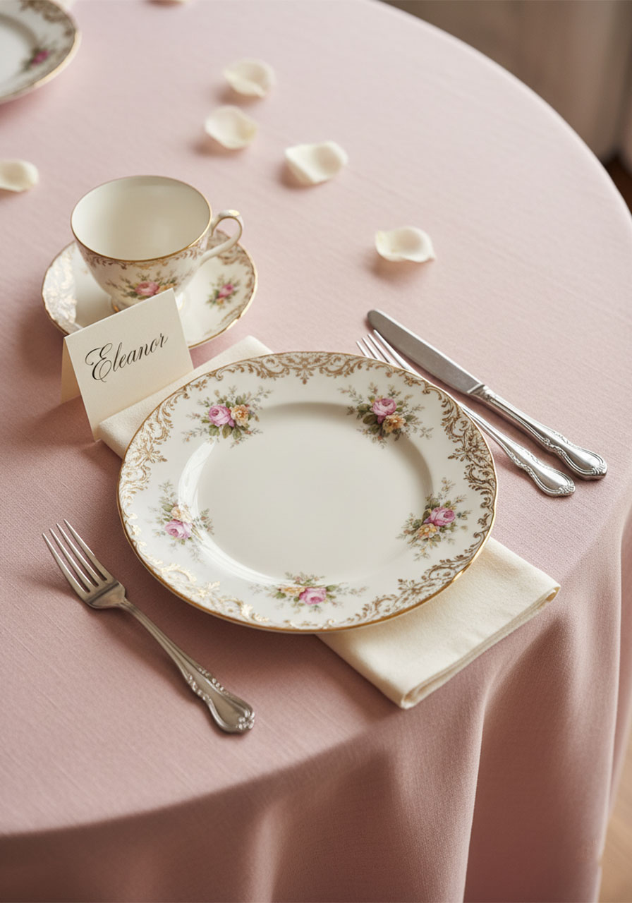 Vintage floral teacup with handwritten calligraphy place card at an elegant tea party place setting