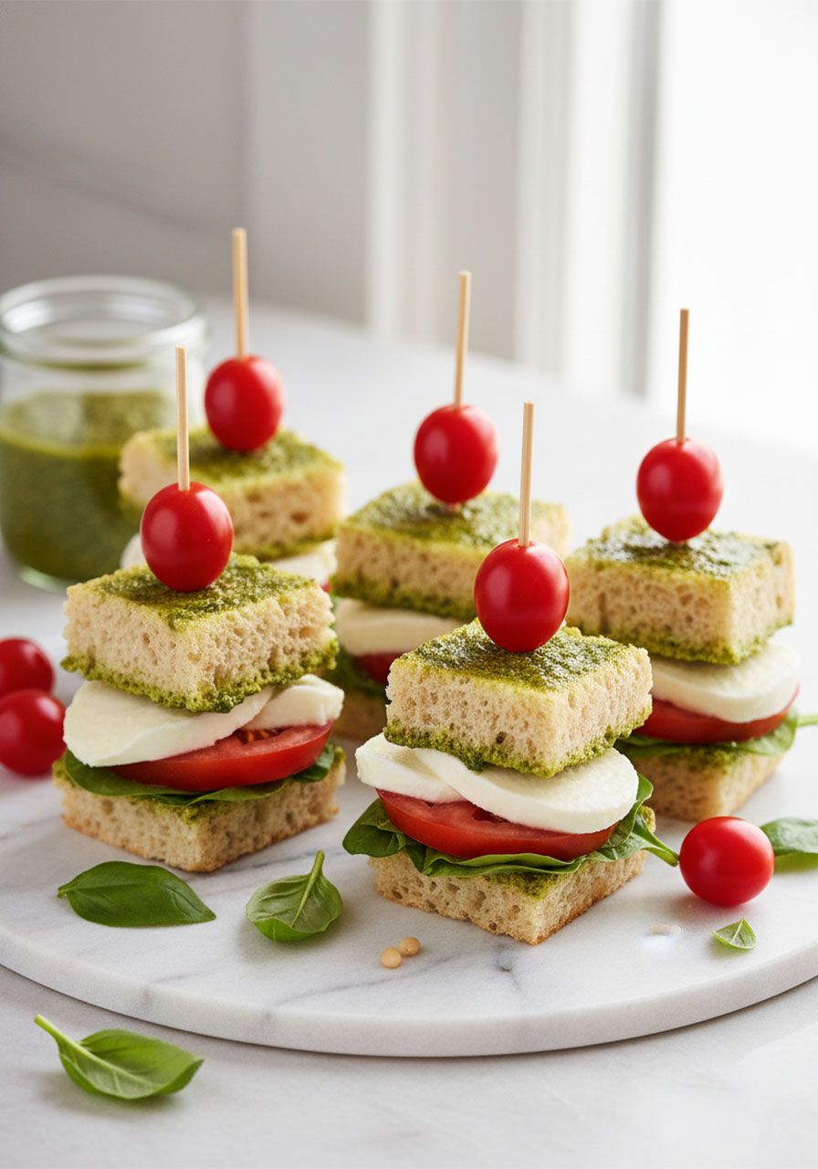 Pesto Caprese mini sandwich bites on ciabatta bread with fresh mozzarella, tomato slices, baby spinach, and basil pesto, secured with cherry tomato cocktail picks on a marble board