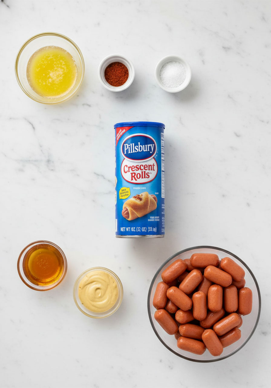 All ingredients needed for easy pigs in a blanket including crescent rolls, cocktail weenies, butter, and honey mustard sauce ingredients laid flat on marble