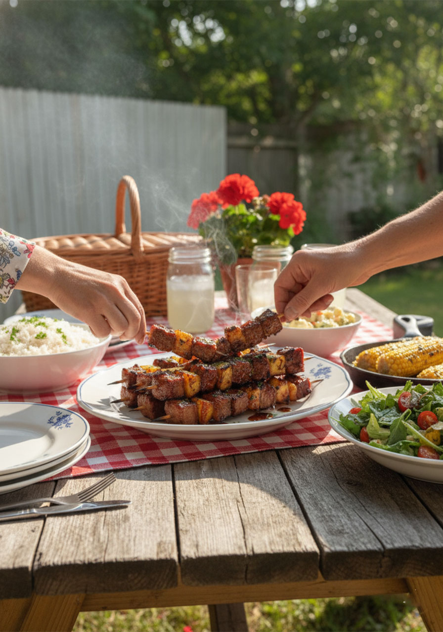 Platter of pineapple BBQ pork skewers at a backyard summer BBQ party with rice and salad sides — easy crowd-pleasing party food