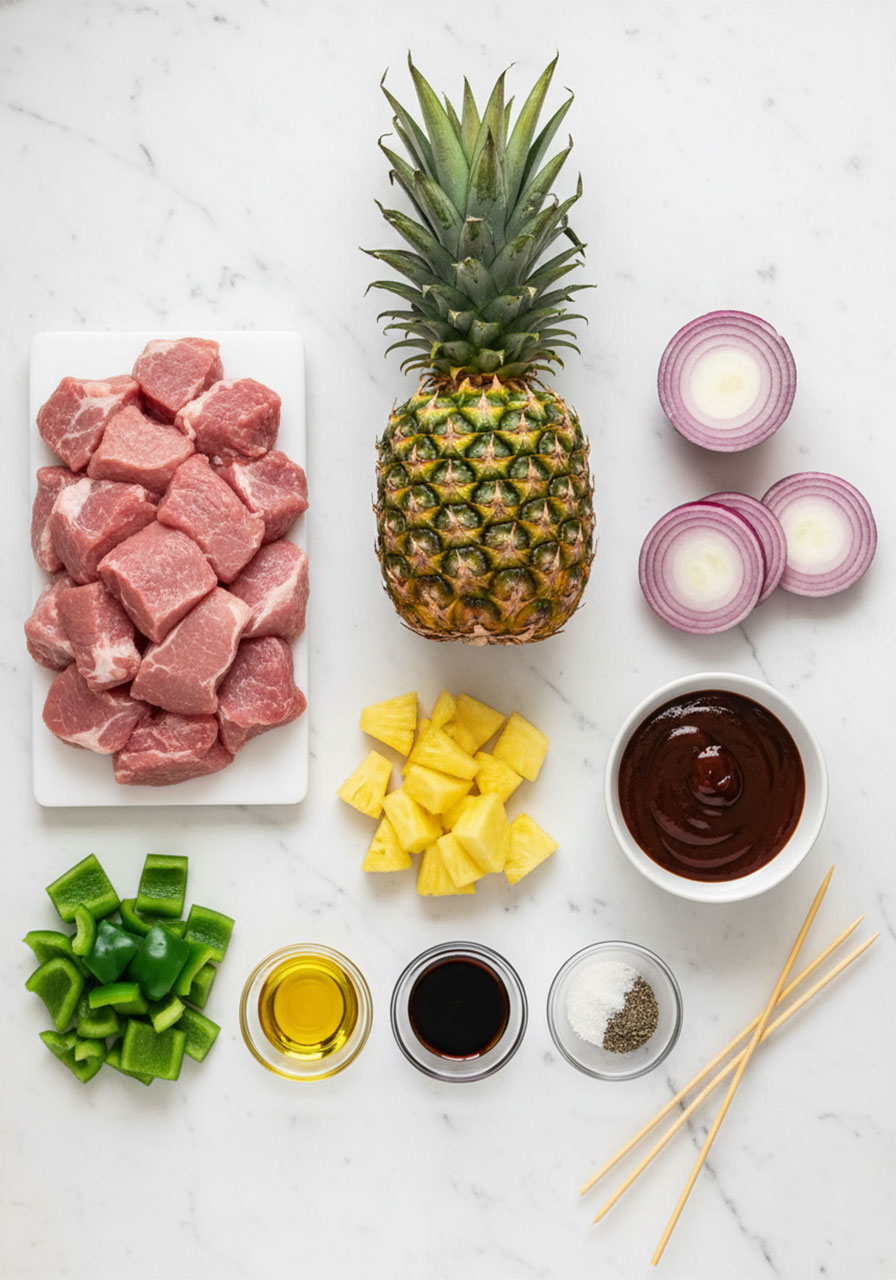 All raw ingredients for pineapple BBQ pork skewers laid out flat on a marble surface — pork, pineapple, red onion, bell pepper, and BBQ marinade