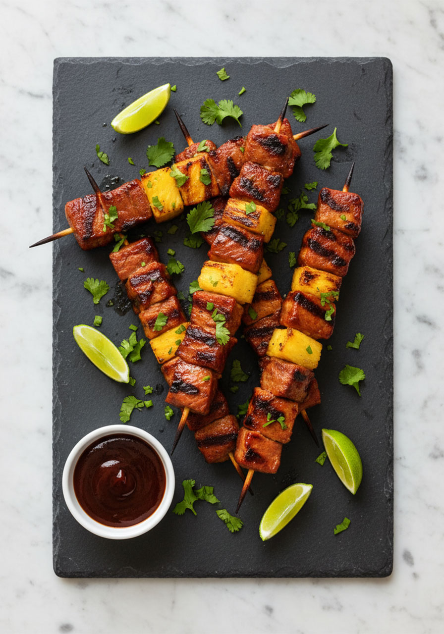 Overhead view of pineapple BBQ pork skewers on a dark slate board garnished with cilantro and lime — the best easy BBQ party food recipe